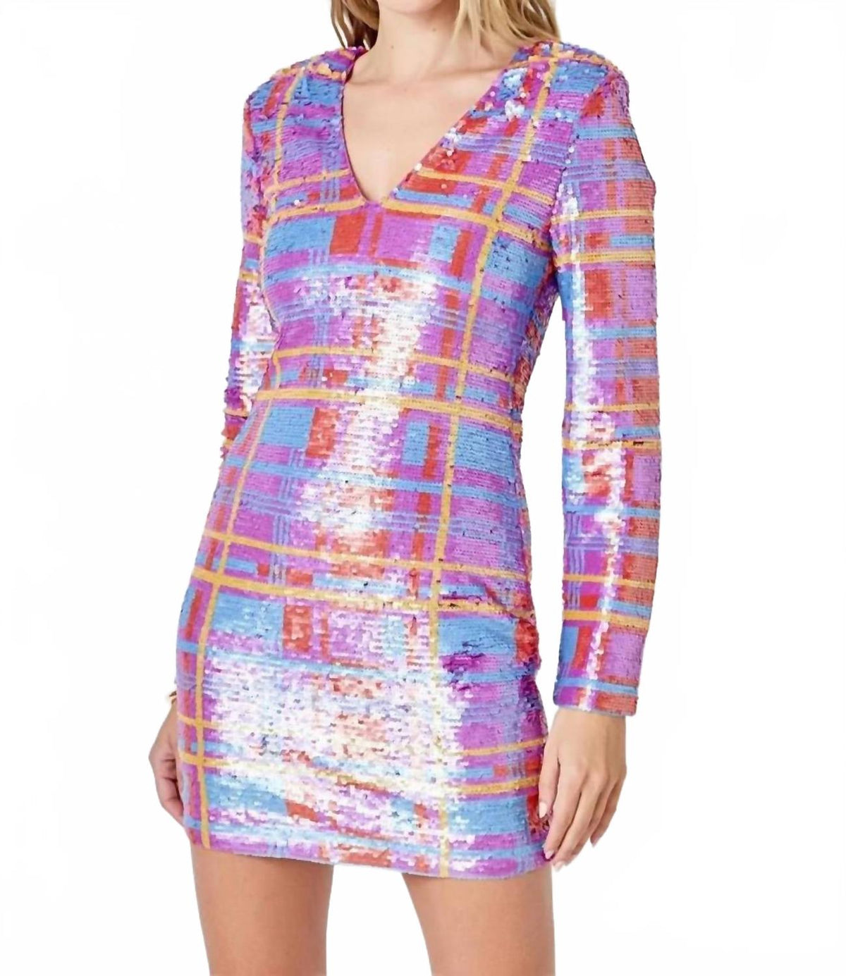 Check Pattern Sequins Mini Dress In Pink Multi