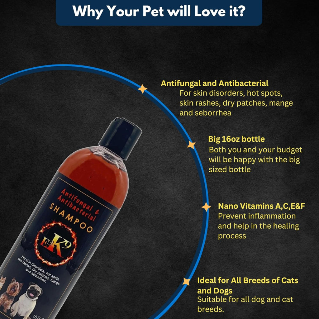 E3 K9 Antifungal & Antibacterial Shampoo for Dogs & Cats (16oz)
