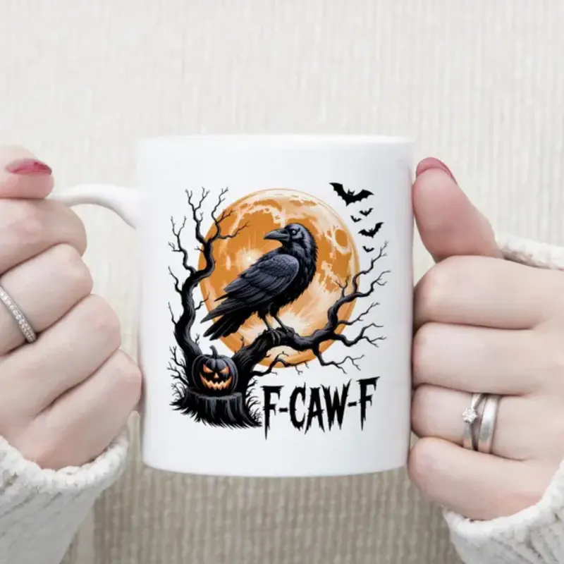 F-Caw-F Funny Crow Mug, Black Crow Moonlit Ravenn Accent Mug, Funny Raven Lover Halloween Gift