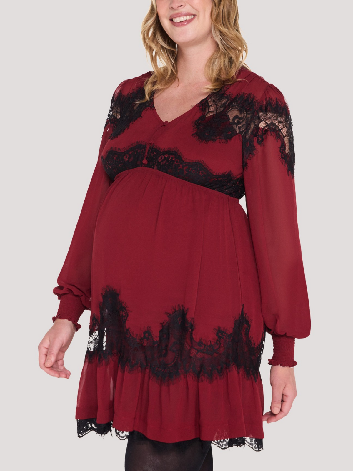 Long Sleeve Lace Trim Mini Dress