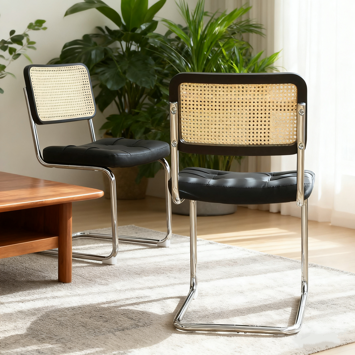 Contemporary Upholstered Chairs with Rattan Detailing