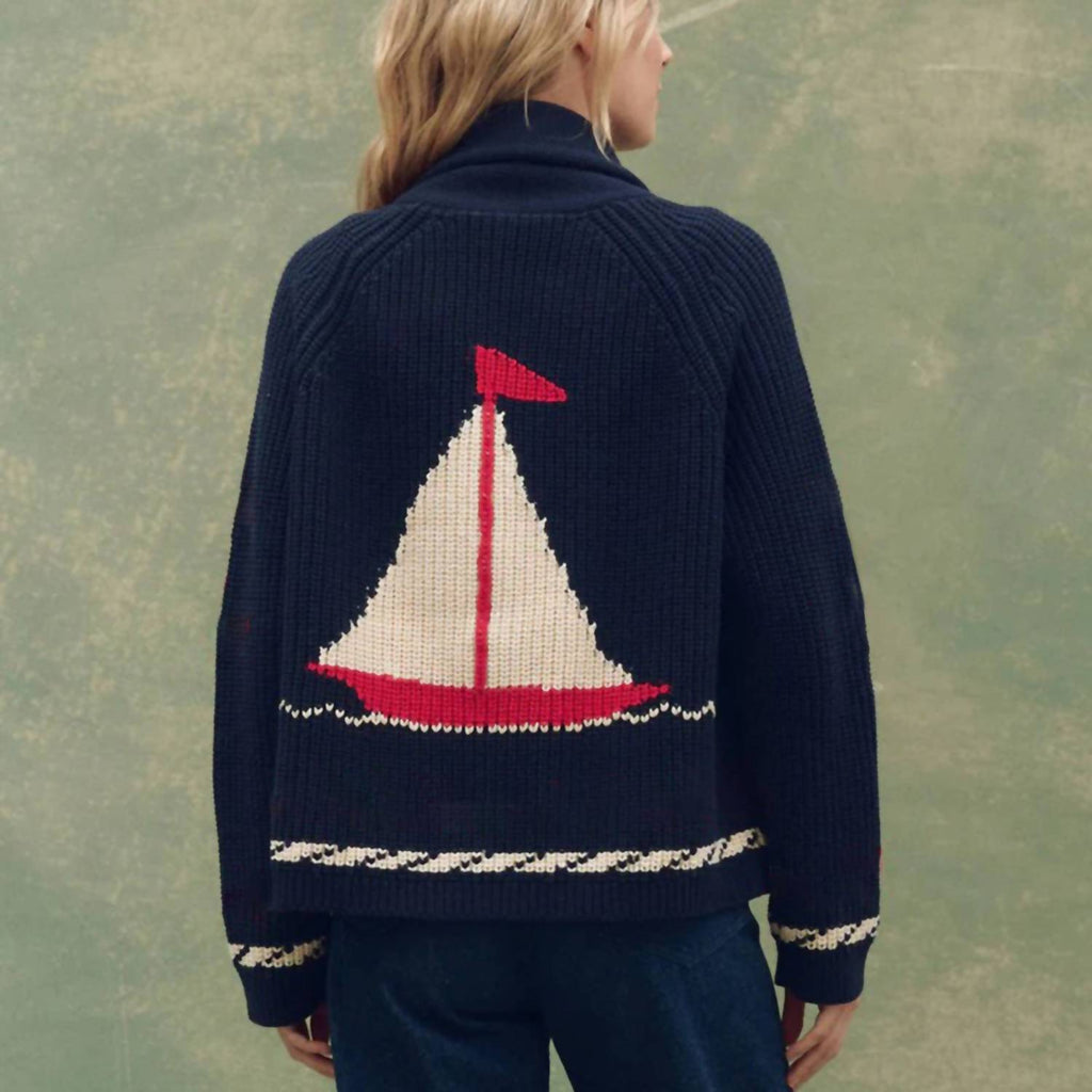 Ocean Sailboat Jacquard Shawl Cardigan In Navy