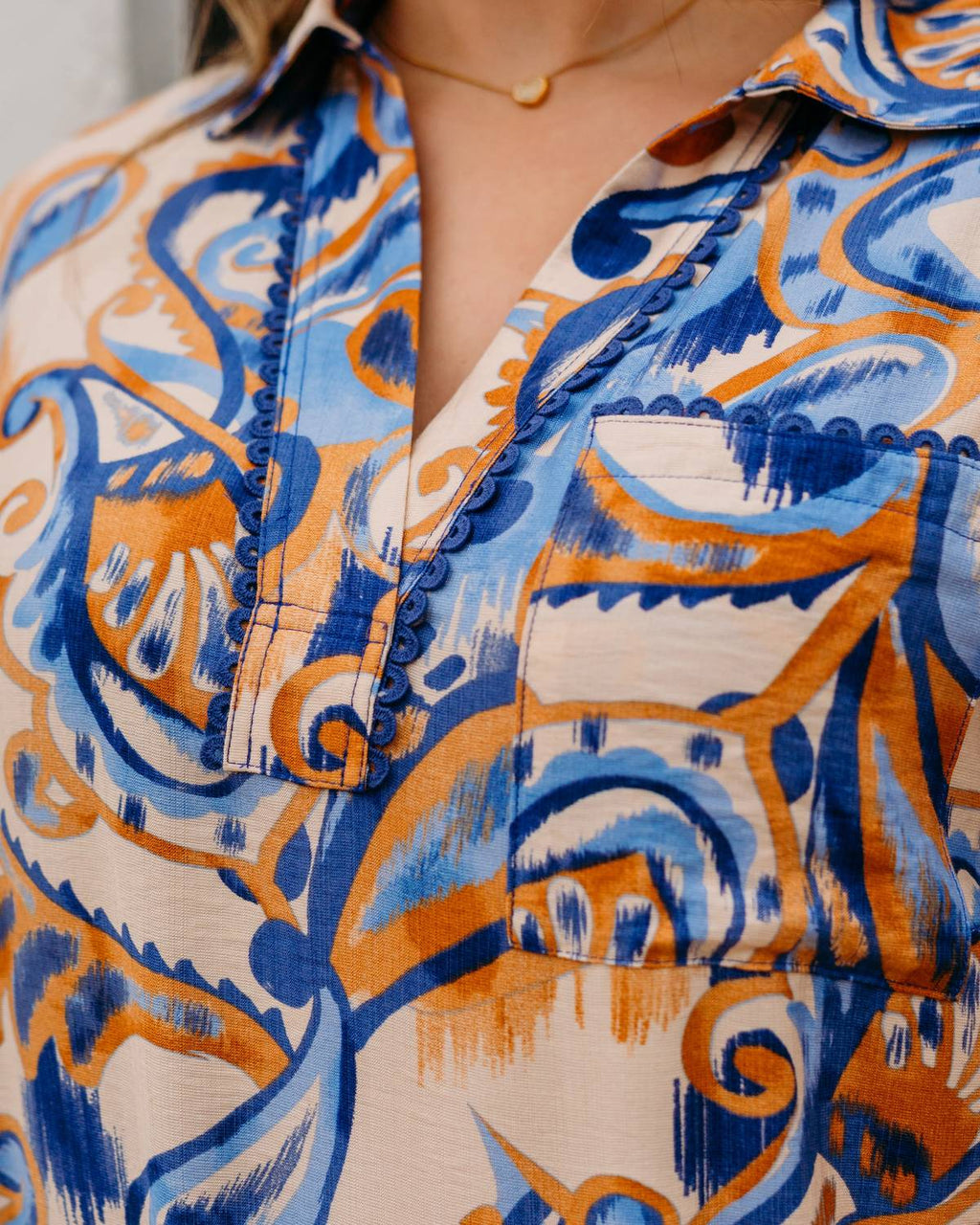 Pocket Overshirt Top In Golden Blue Paisley