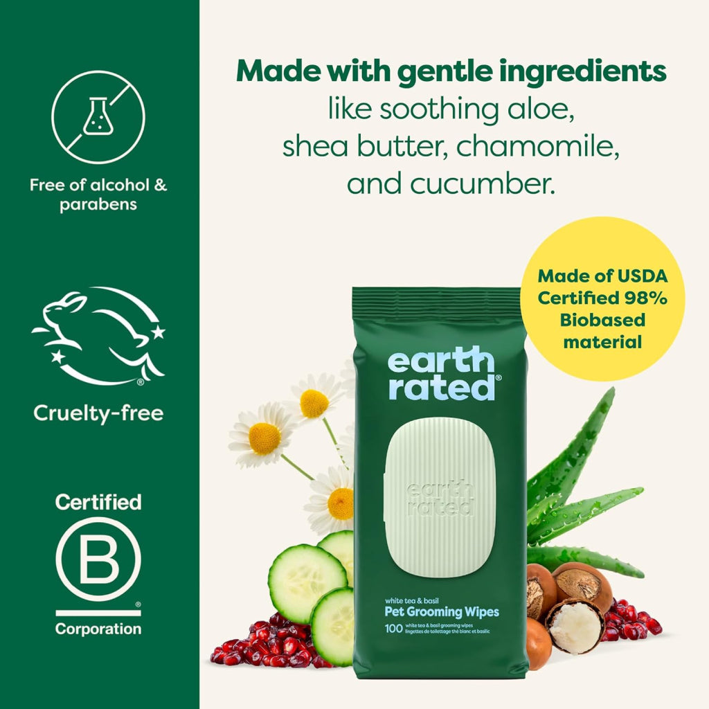 Earth Rated Hypoallergenic Dog Grooming Wipes, White Tea & Basil Scented (100 count)