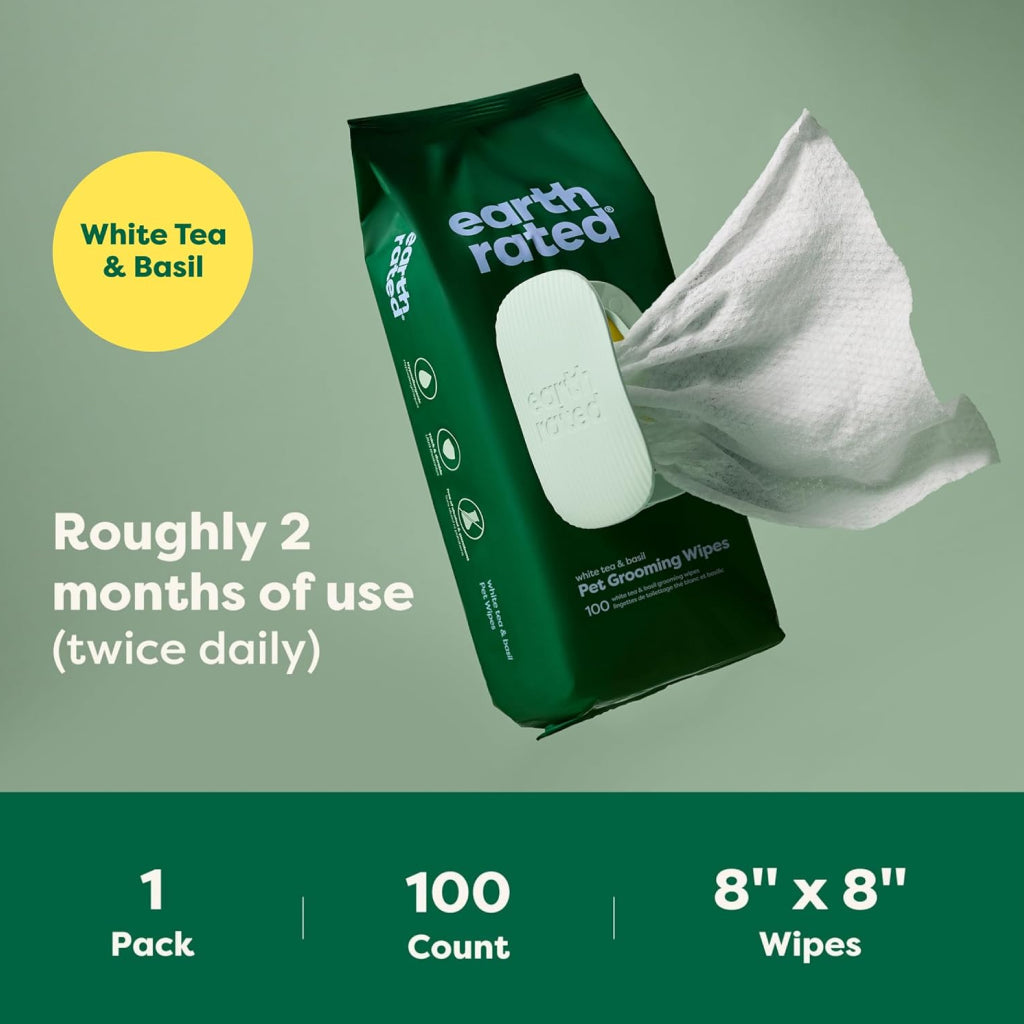Earth Rated Hypoallergenic Dog Grooming Wipes, White Tea & Basil Scented (100 count)