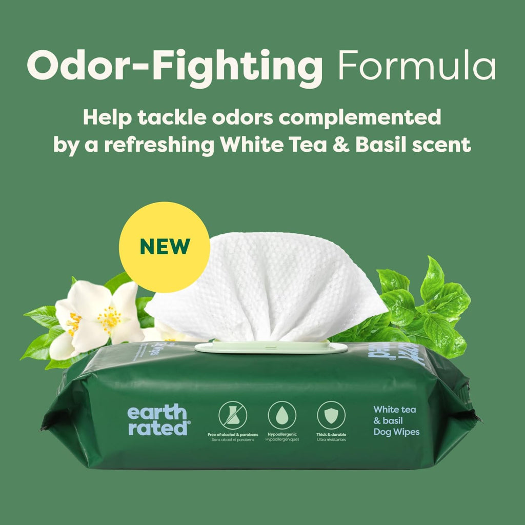 Earth Rated Hypoallergenic Dog Grooming Wipes, White Tea & Basil Scented (100 count)