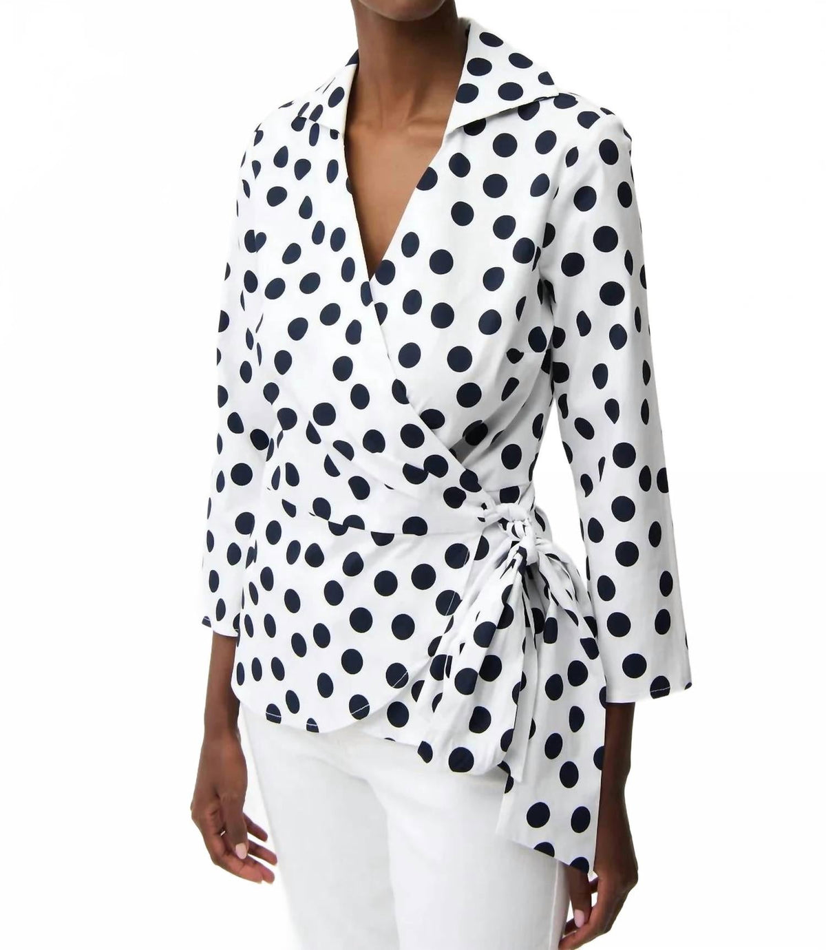 Polka Dot Quarter Sleeve Wrap Top In Vanilla/midnight Blue