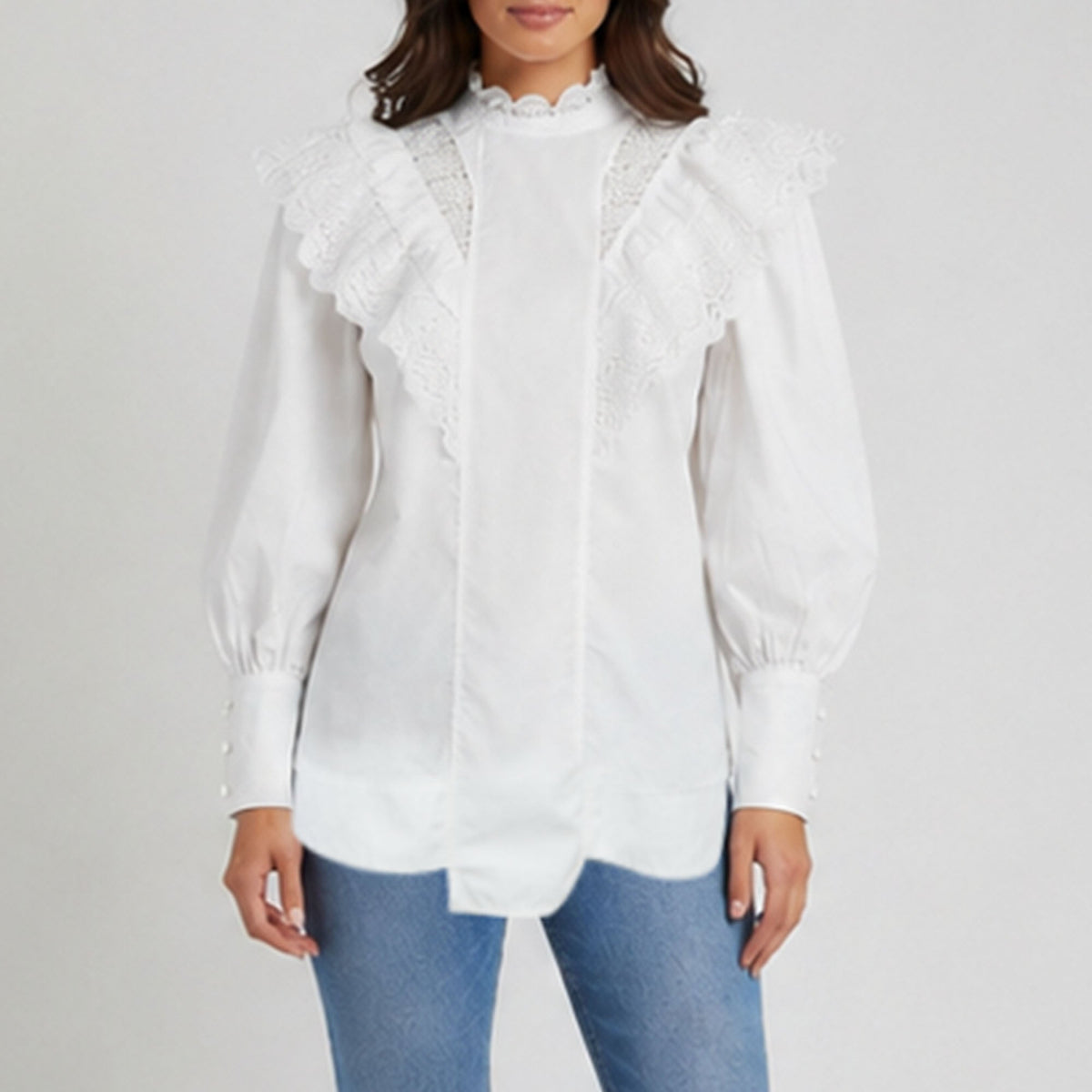 Ganni White Cotton And Lace Trim Ruffled High Neck Blouse