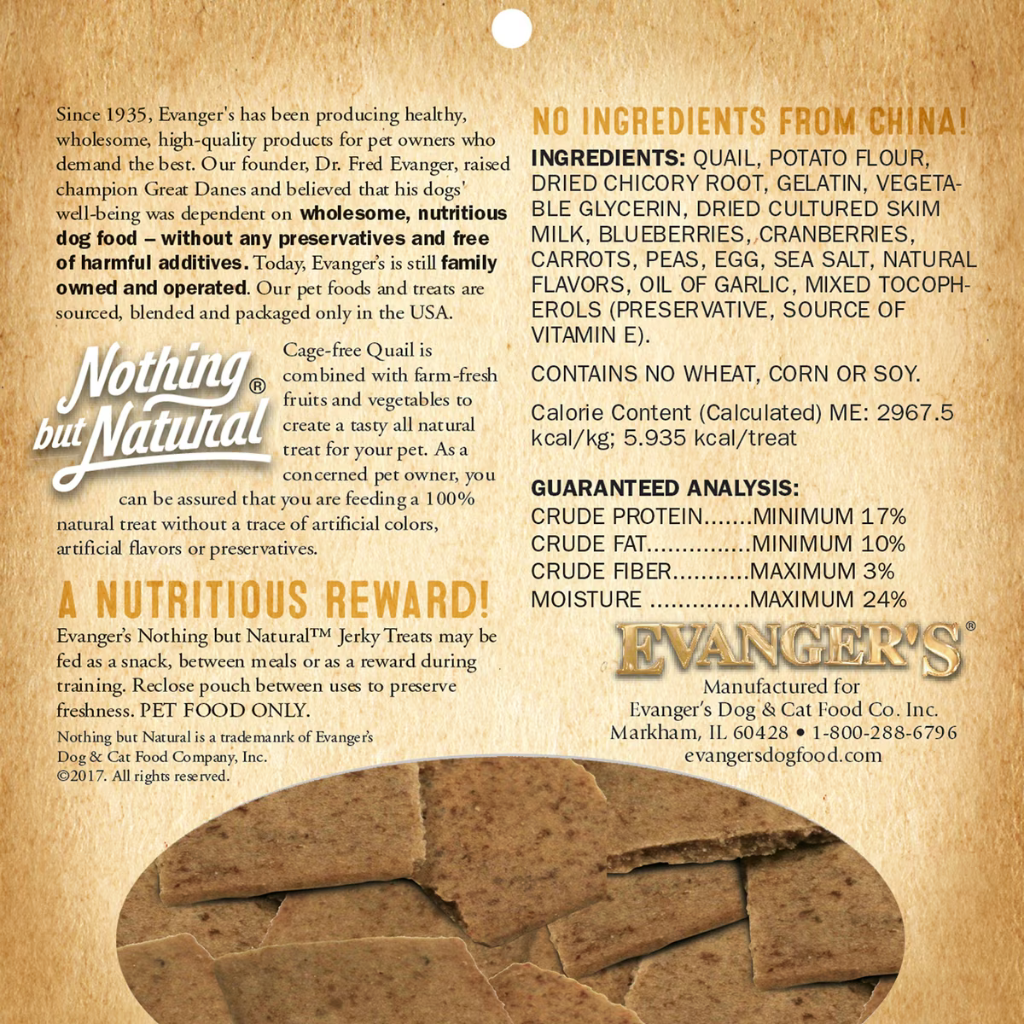 Evanger's Grain-Free Oven Baked Qauil Recipe Jerky Treats for Dogs (4.5 oz)