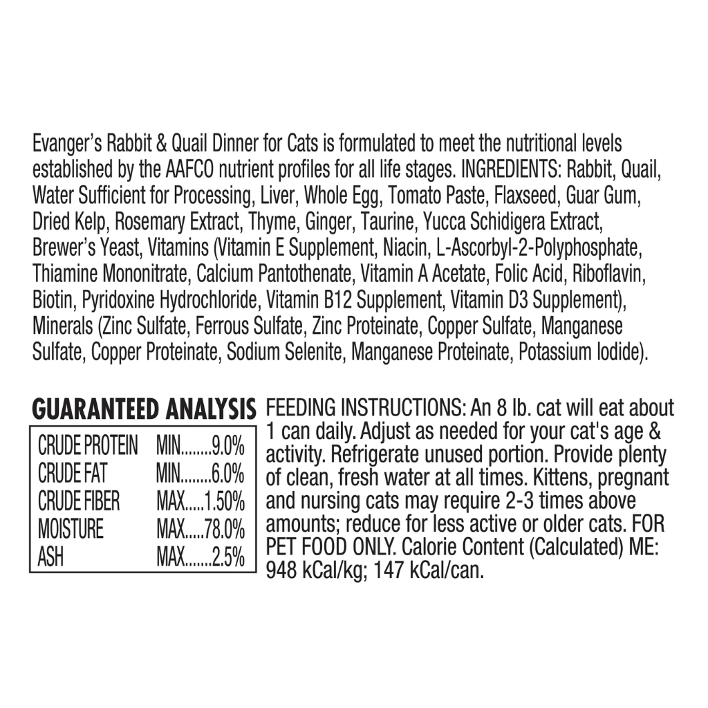 Evanger's Super Premium Rabbit & Quail Dinner Grain-Free Wet Cat Food, (5.5-oz x 24 cans)