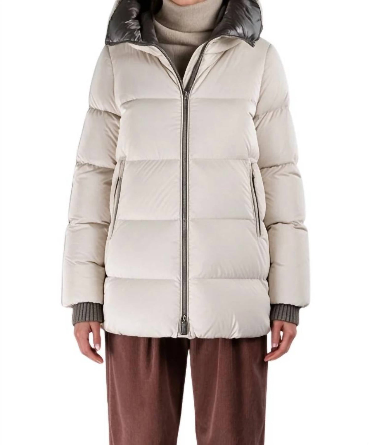 Hooded Down Coat In Stone