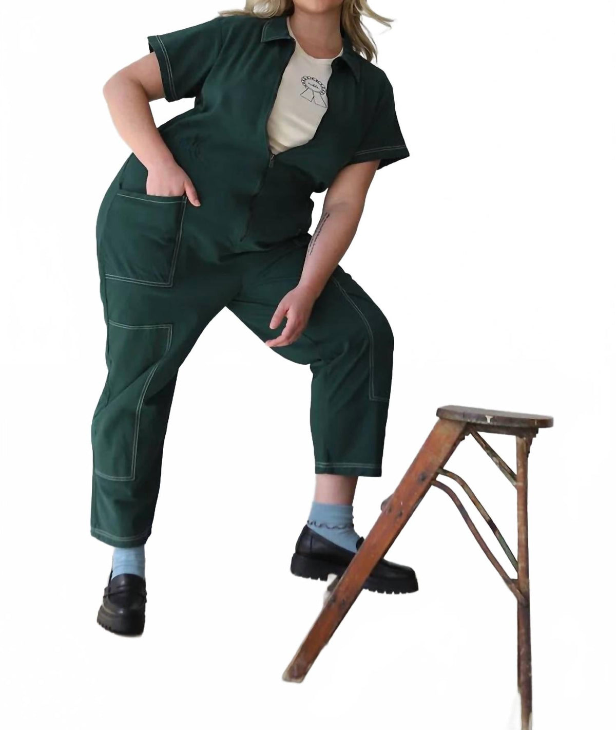 Cropped Leg And Cinched Waist Utility Suit In Hunter Green