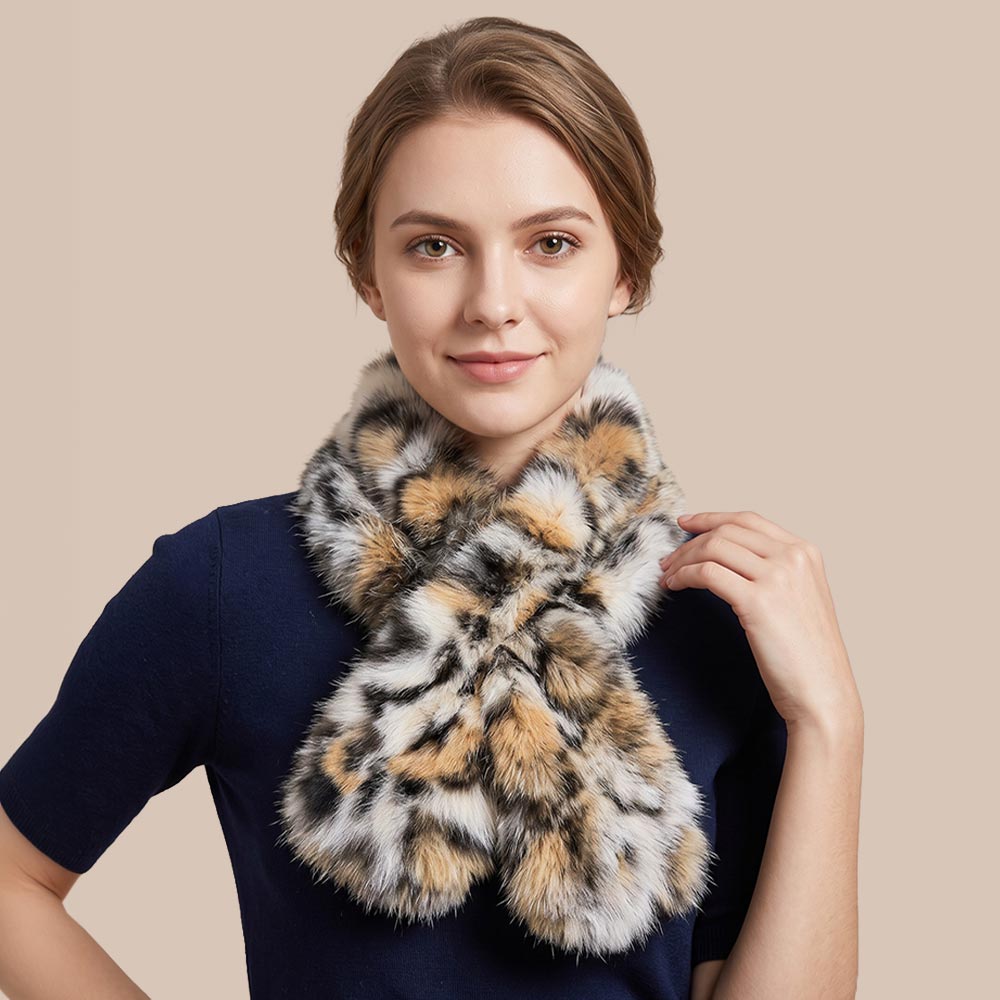 Plush Faux Fur Animal Pattern Pull-Through Winter Scarf