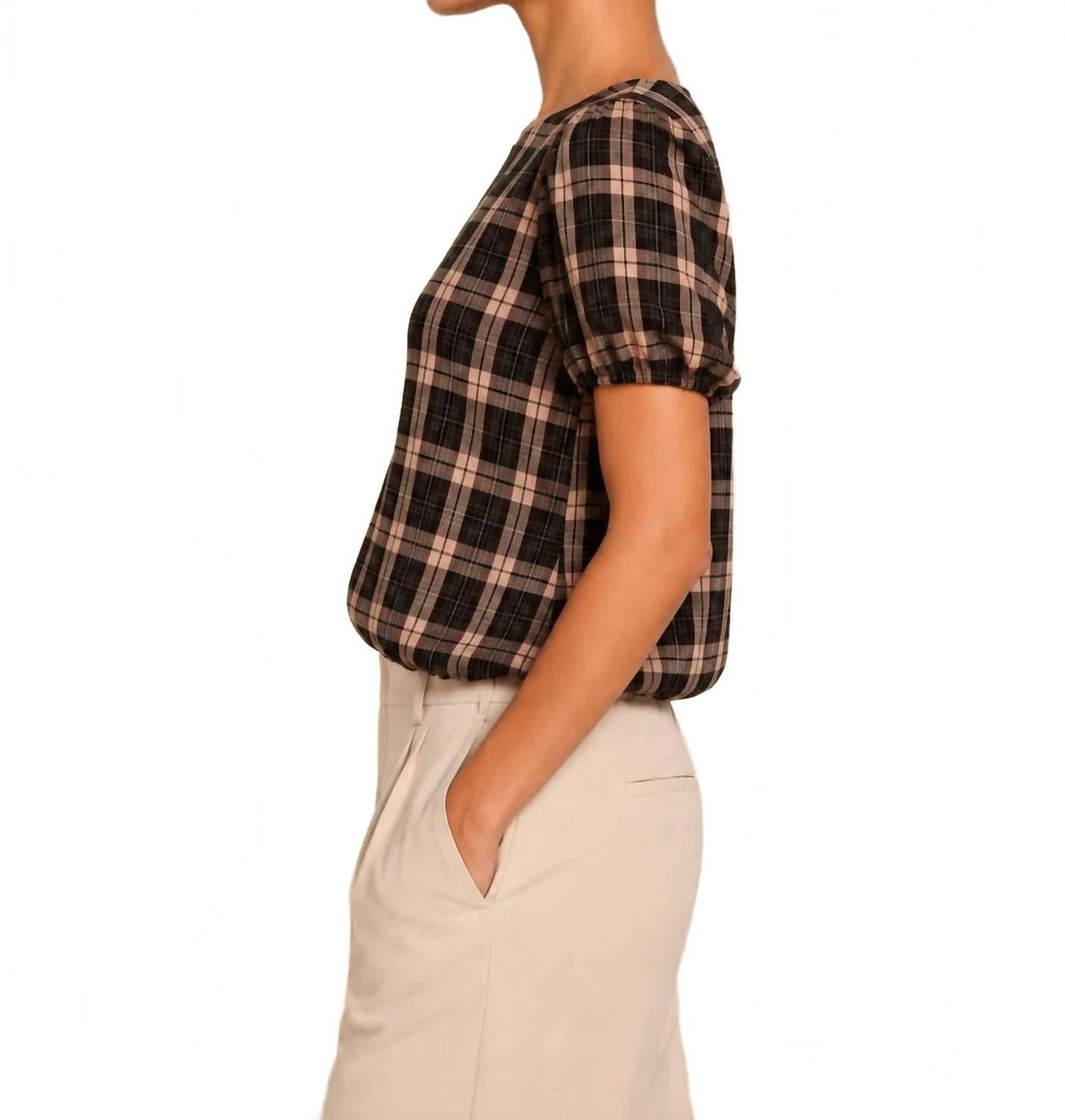 Carmen Bubble Hem Blouse In Mocha Black Plaid