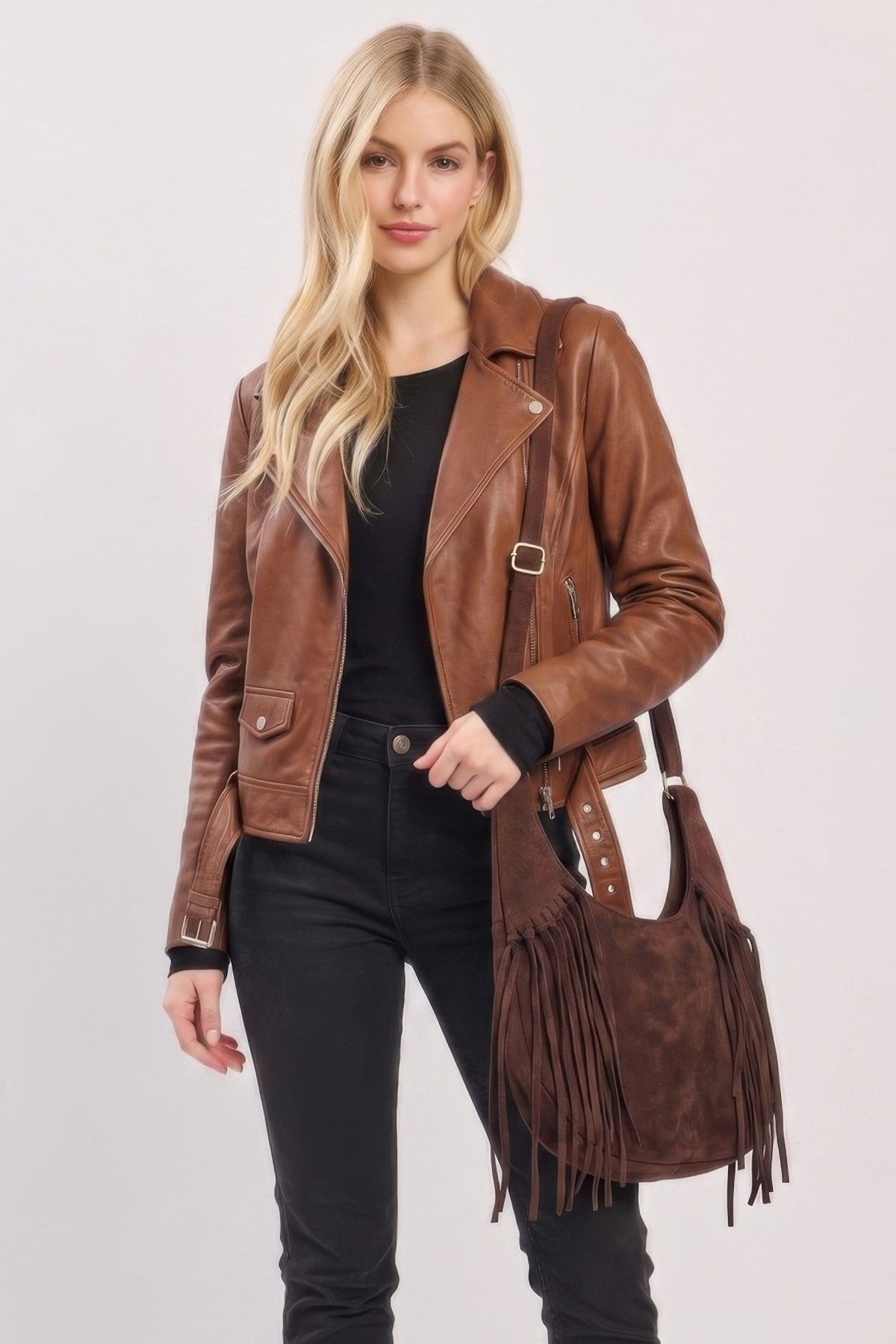 Western Faux Suede Fringe Hobo Bag With Adjustable Strap