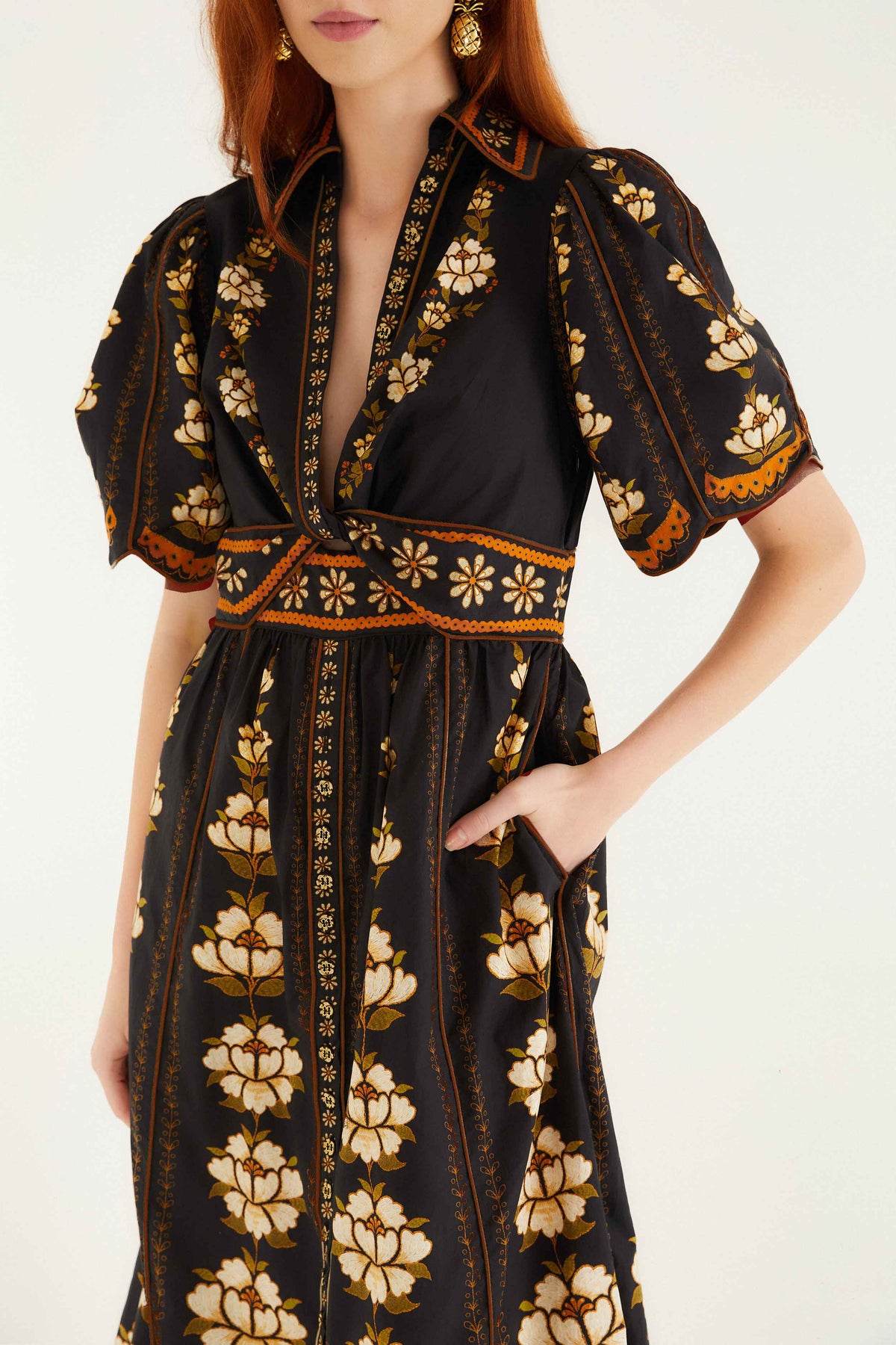 Black Bold Flowers Organic Cotton Midi Dress