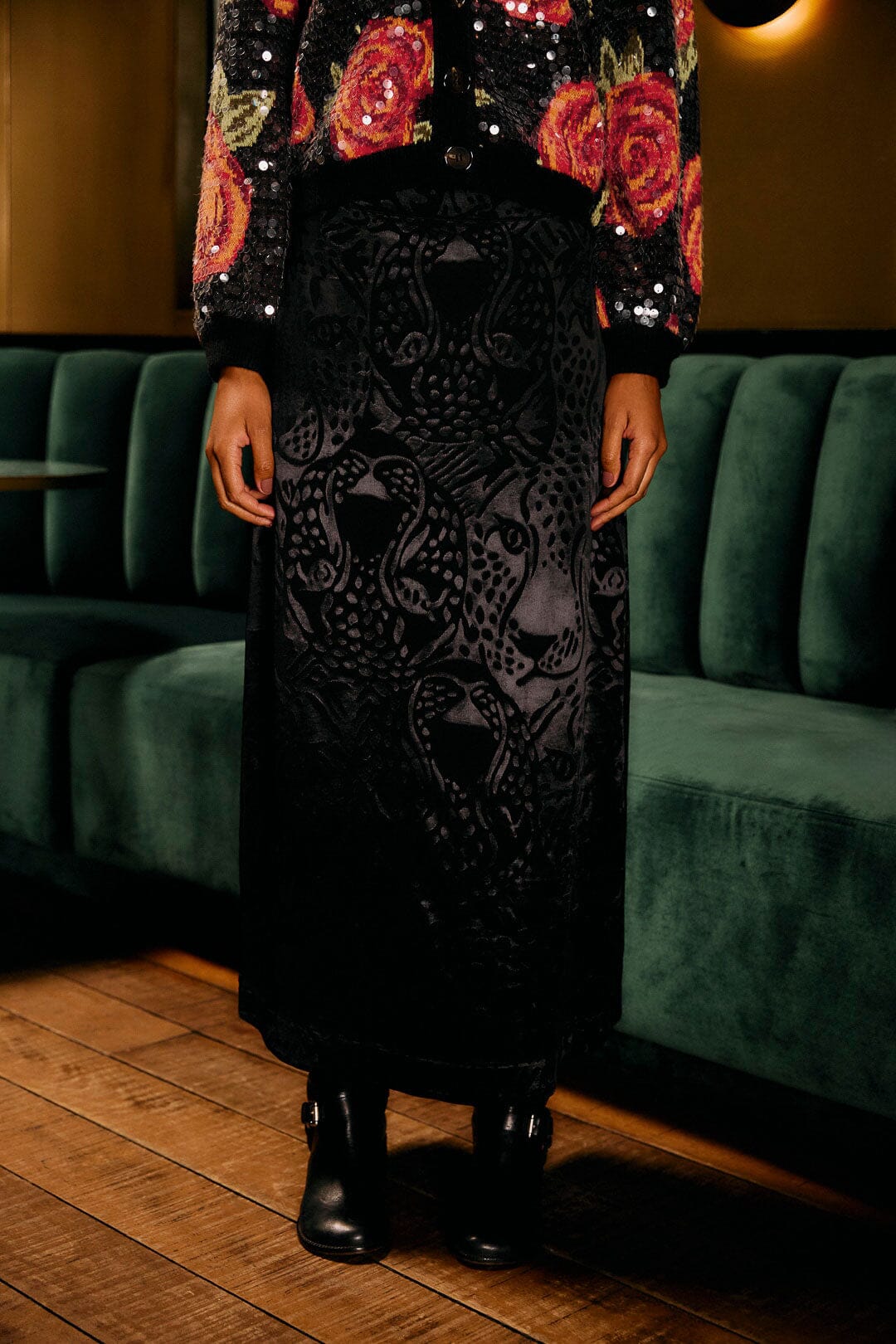 Black Midnight Leopards Jacquard Maxi Skirt