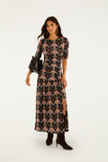 Black Porcelain Birds Long Sleeve Slim Maxi Dress