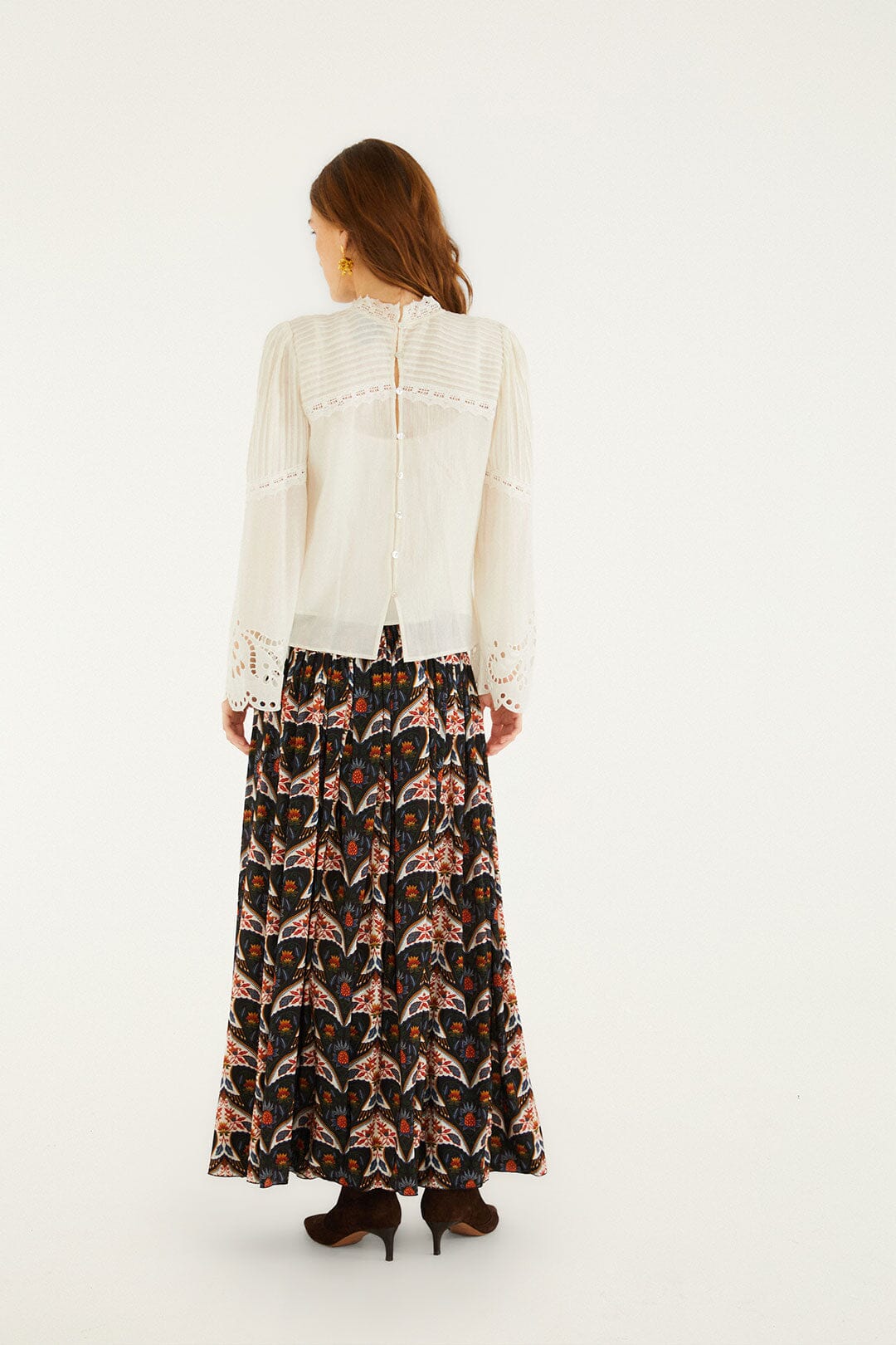 Black Porcelain Birds Pleats Maxi Skirt