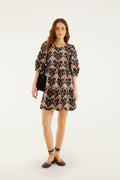 Black Porcelain Birds Puff Sleeve Mini Dress