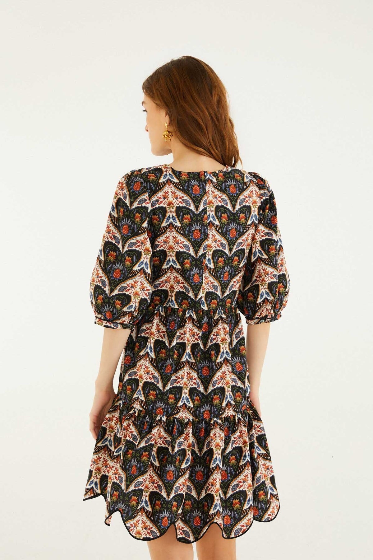 Black Porcelain Birds Puff Sleeve Mini Dress