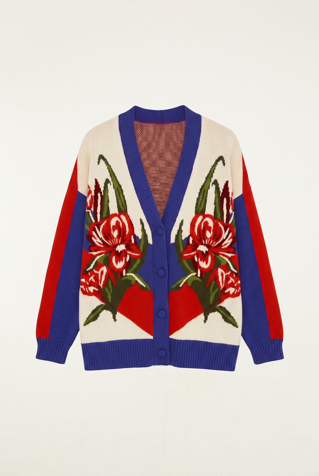 Bold Stripe Flowers Buttoned Knit Cardigan