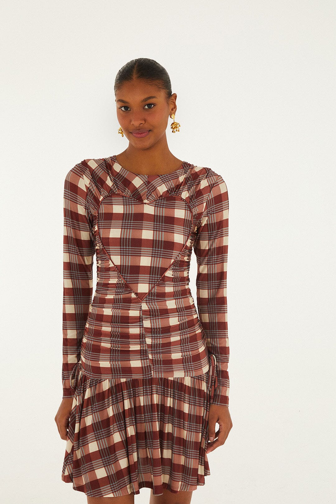Brown Country Tartan Heart Ruched Mini Dress