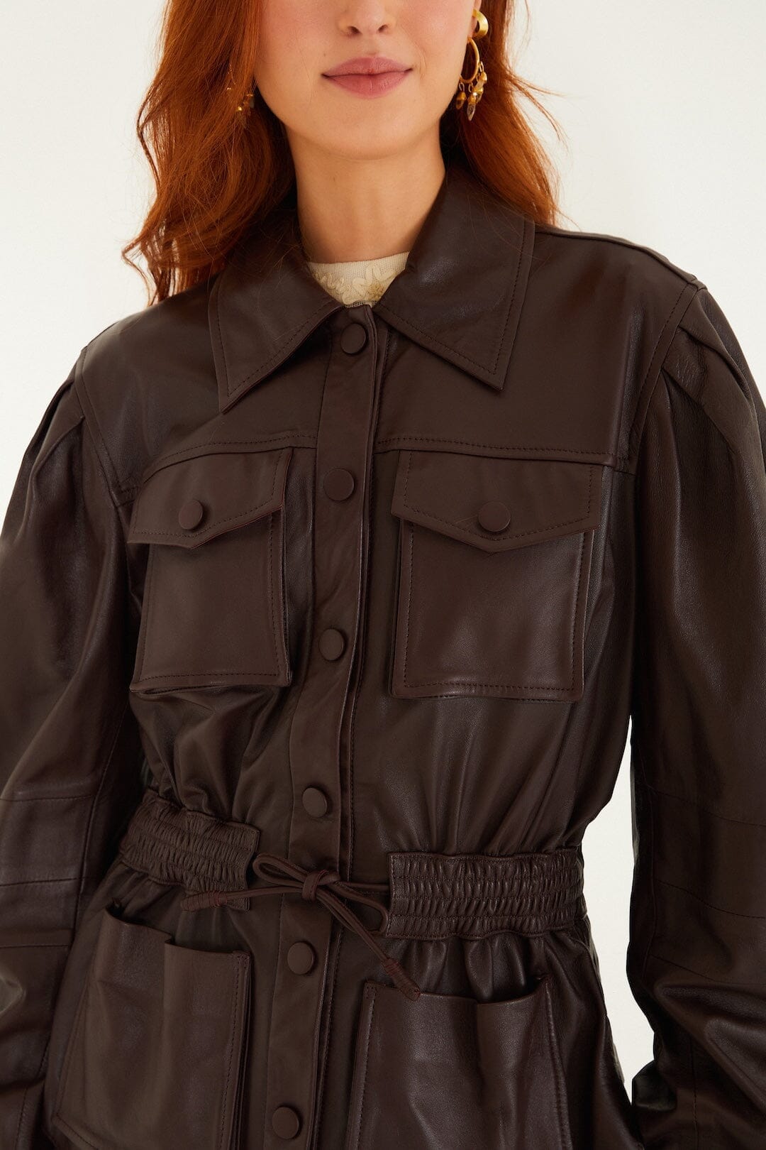Burgundy Drawstring Pockets Leather Parka