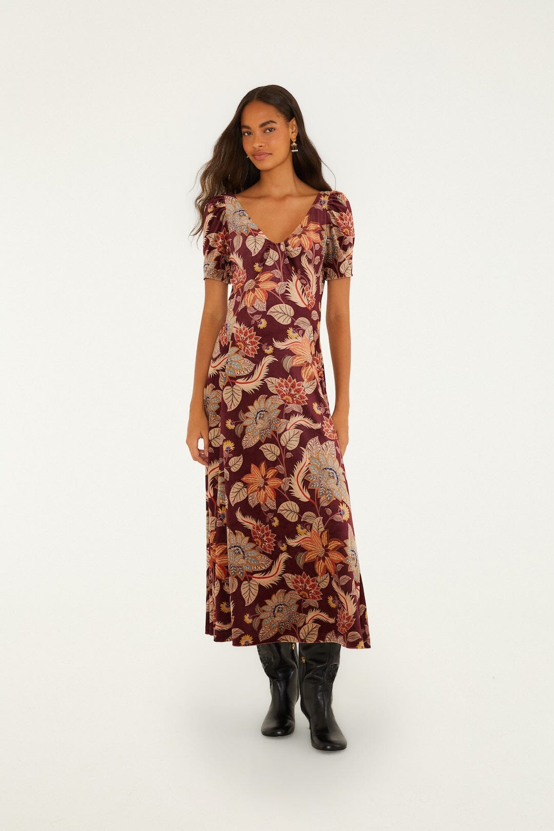 Delhi Floral Short Sleeve Velvet Maxi Dress