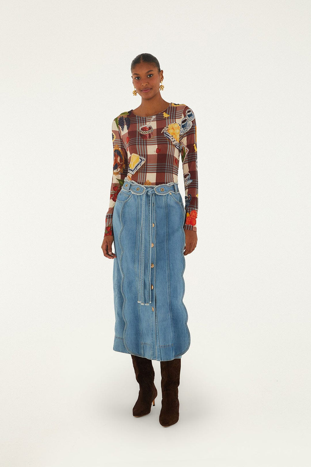 Denim Buttoned Belted Wavy Midi Skirt
