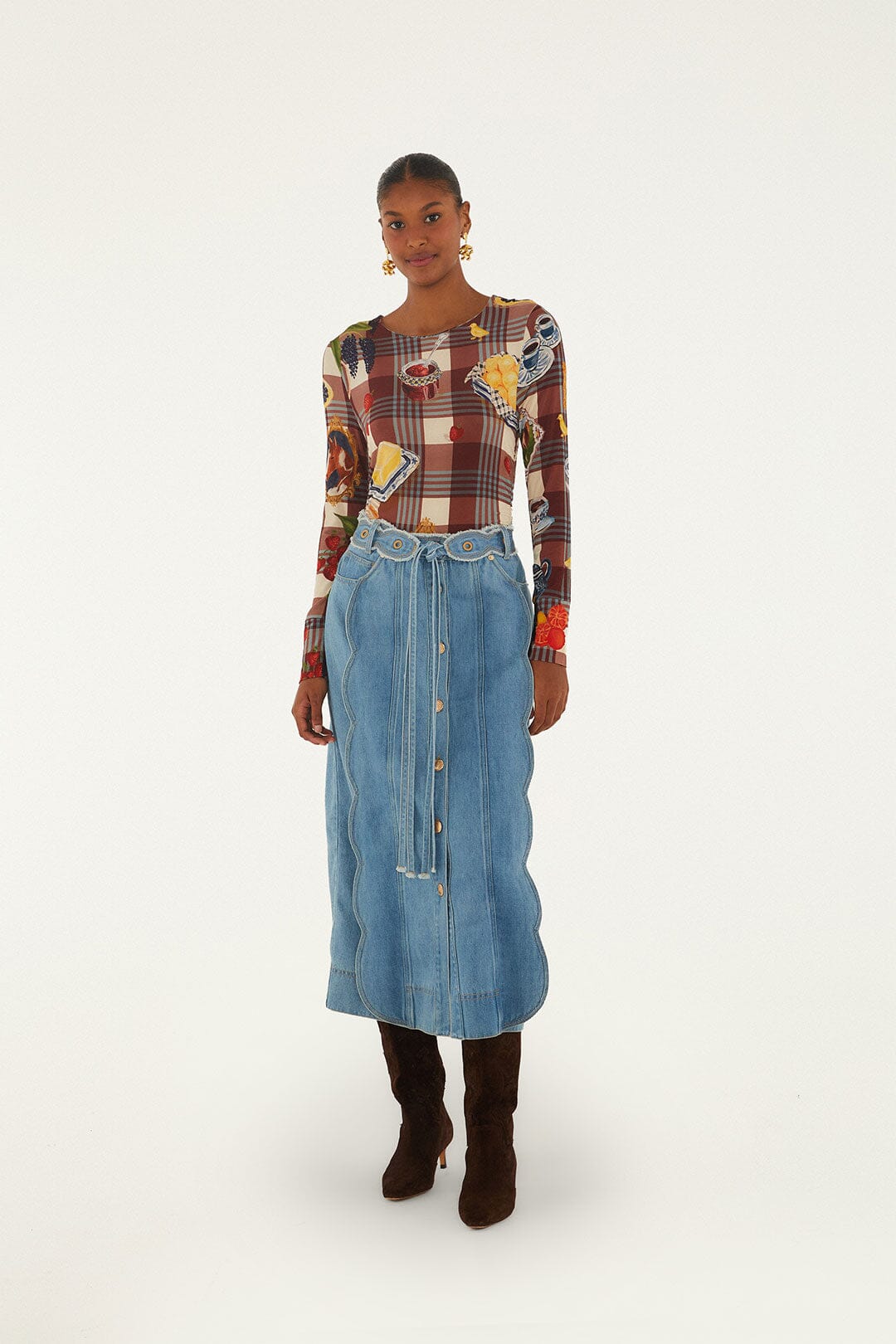 Denim Buttoned Belted Wavy Midi Skirt
