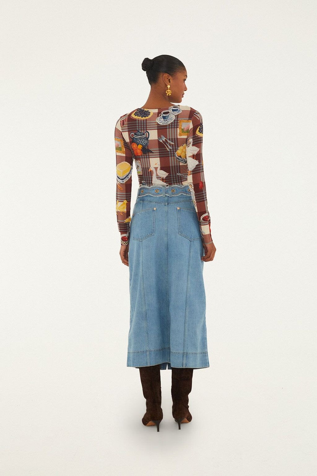 Denim Buttoned Belted Wavy Midi Skirt