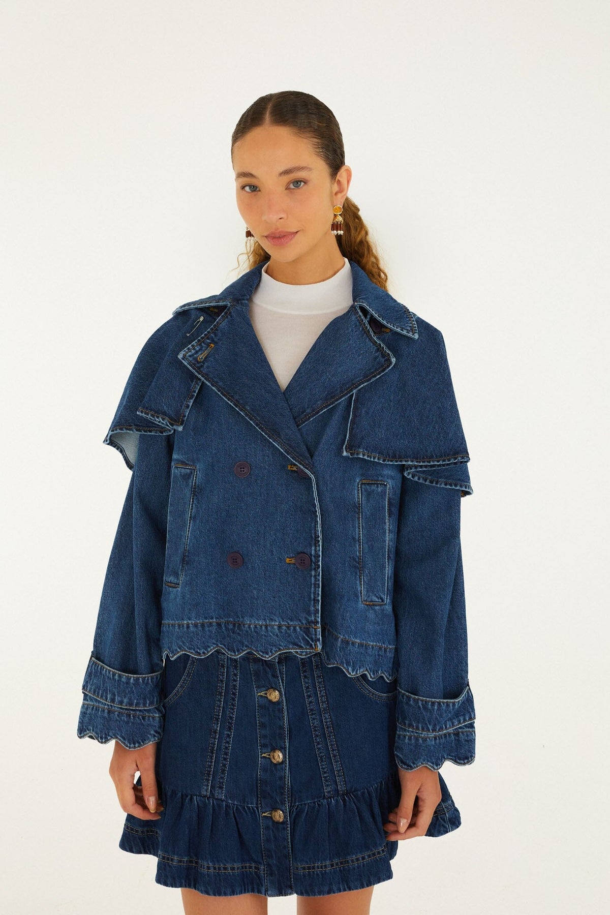 Denim Buttoned Cropped Trench Coat