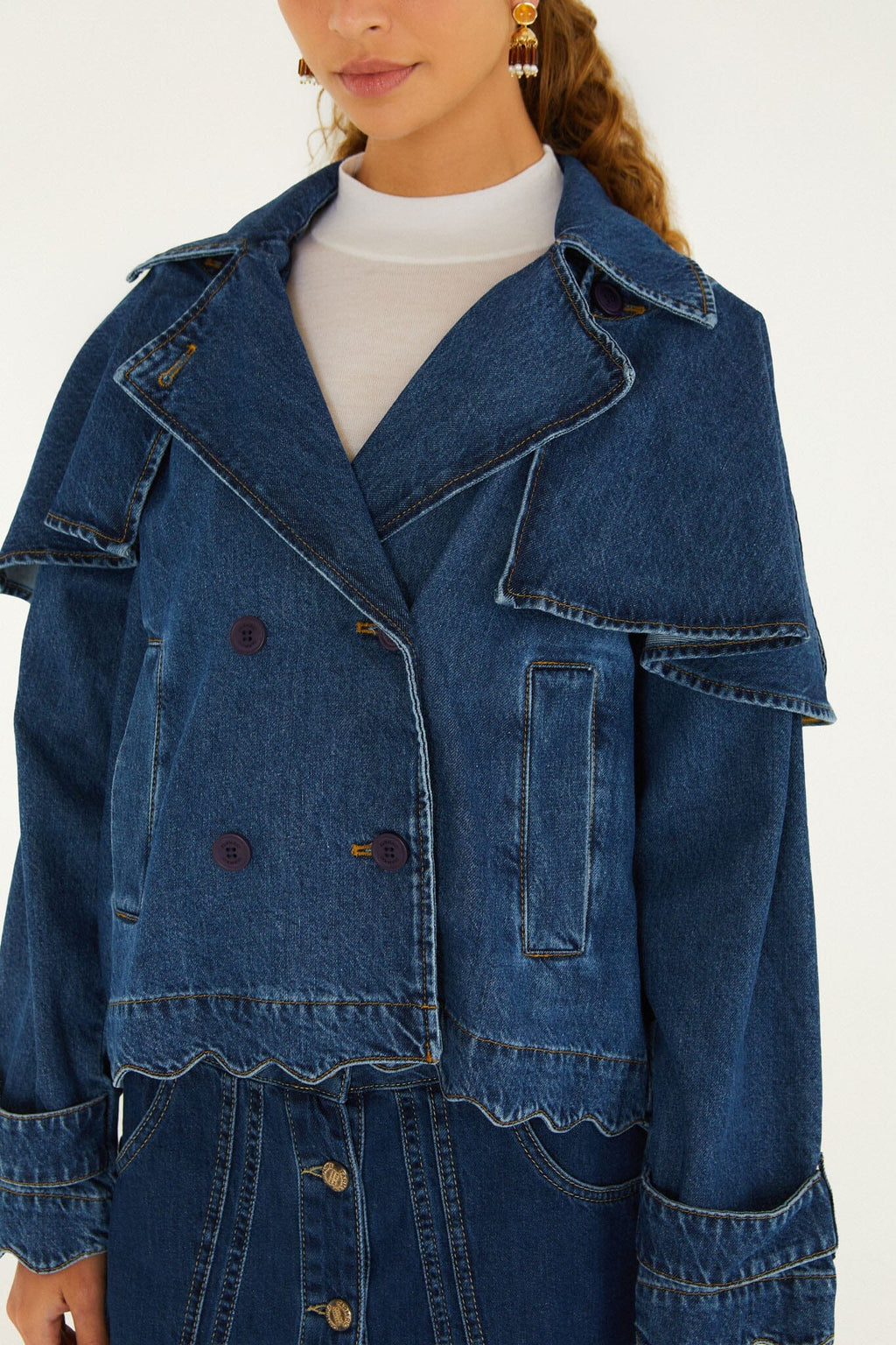 Denim Buttoned Cropped Trench Coat