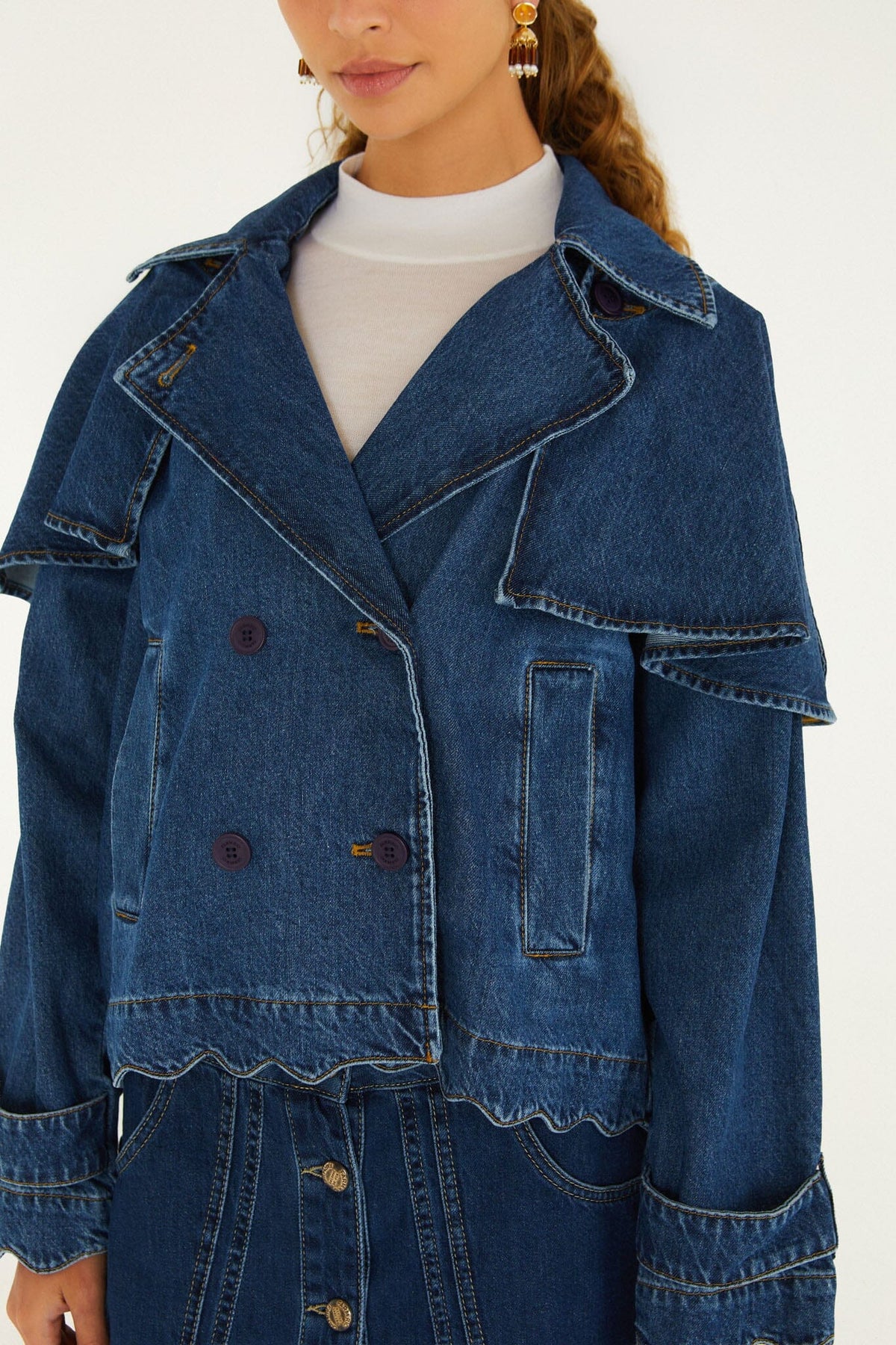 Denim Buttoned Cropped Trench Coat