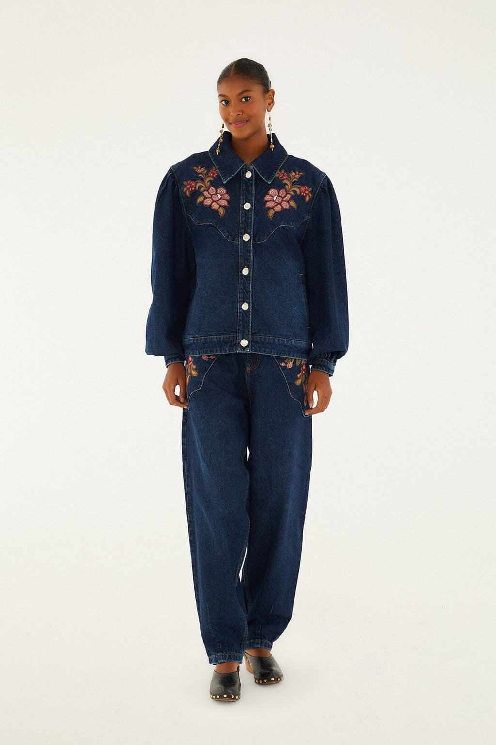 Denim Floral Embroidery Pants