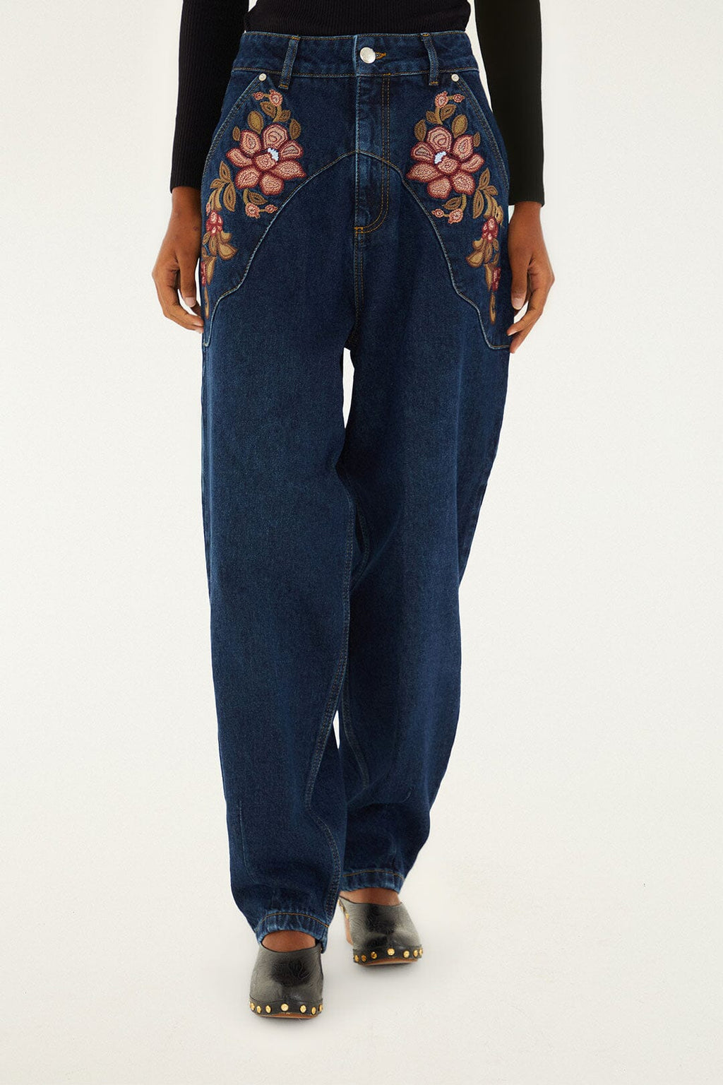 Denim Floral Embroidery Pants