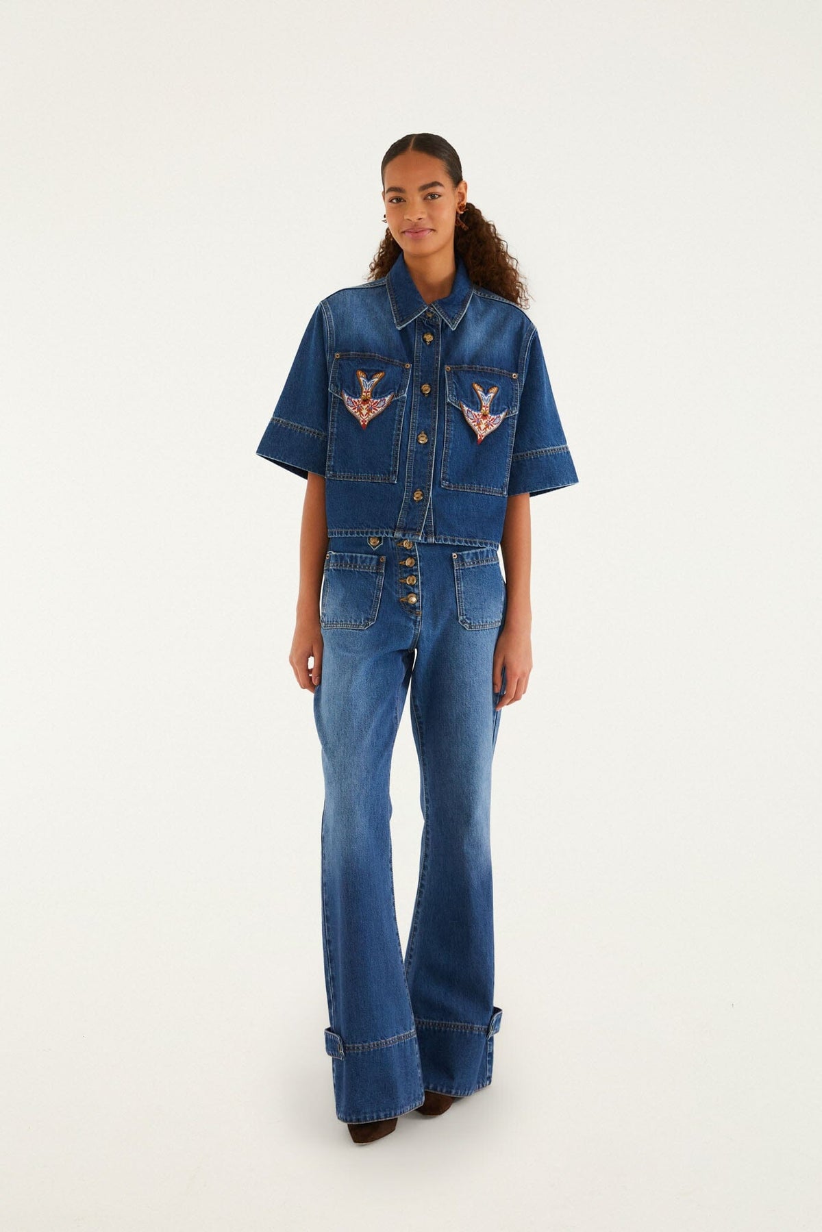 Denim Porcelain Birds Embroidered Shirt