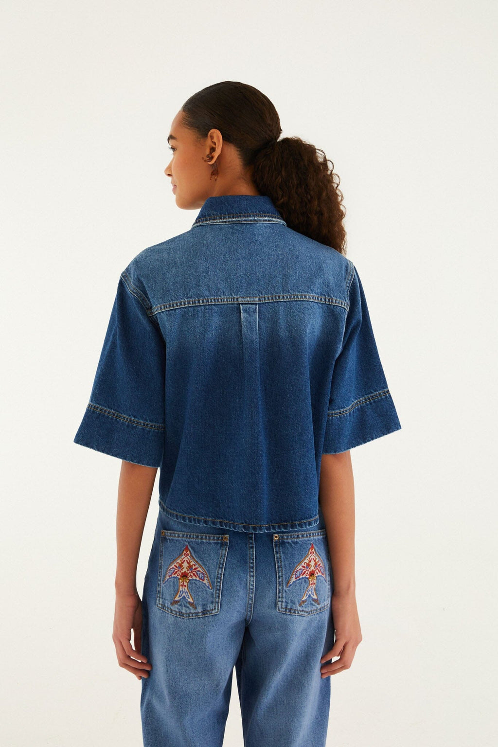 Denim Porcelain Birds Embroidered Shirt