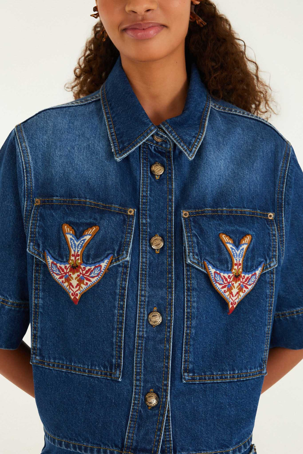 Denim Porcelain Birds Embroidered Shirt