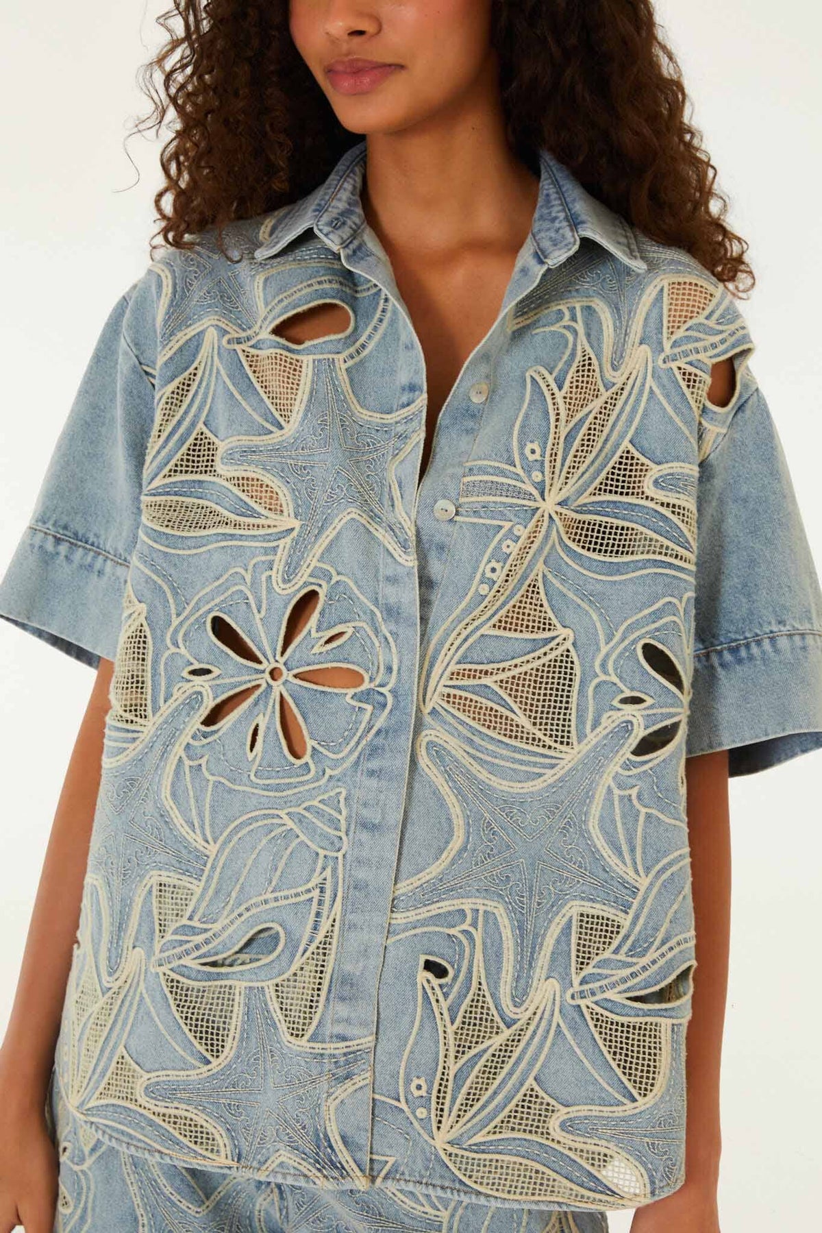 Denim Sea Desire Embroidered Short Sleeve Shirt