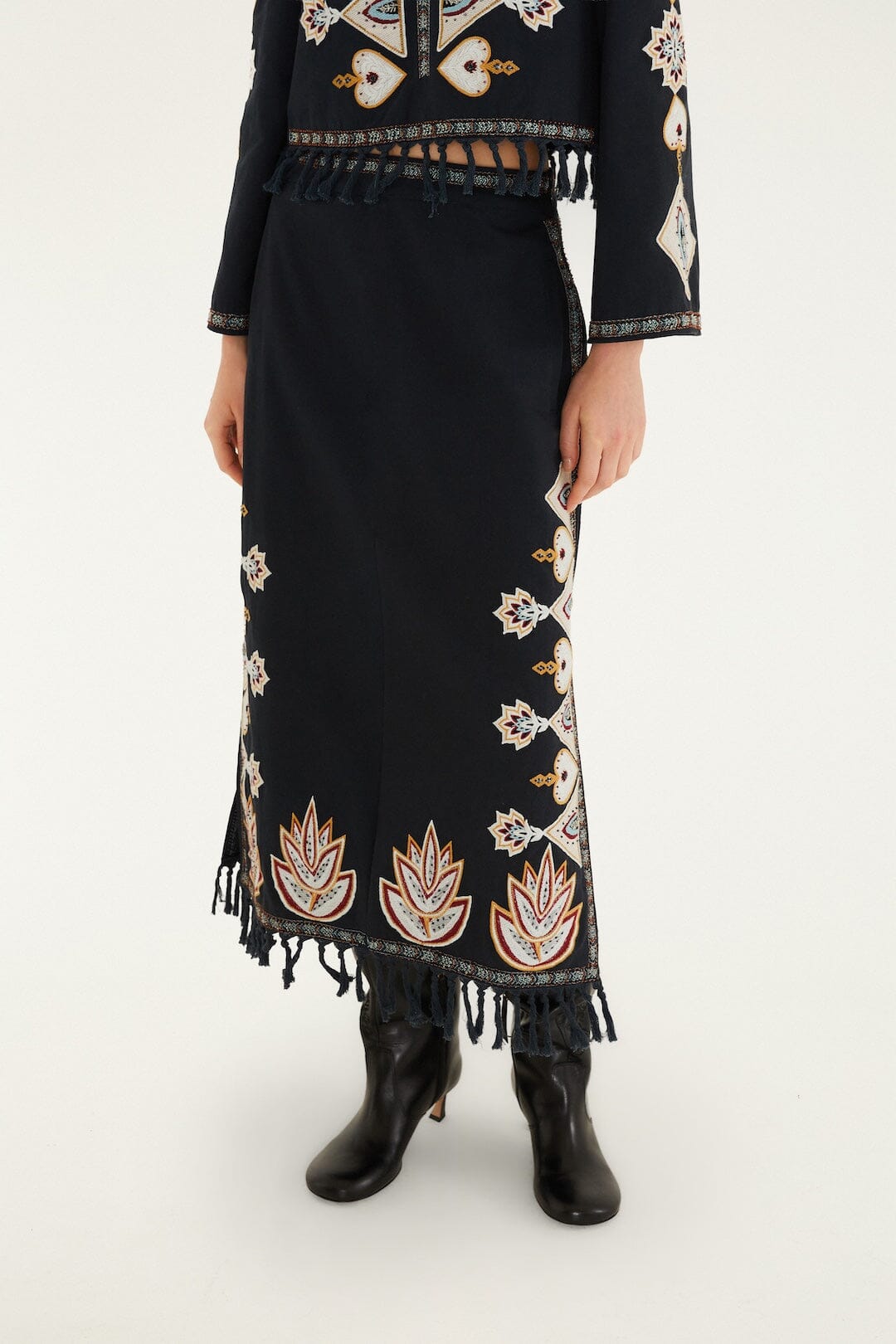 Embroidered Fringe Midi Skirt