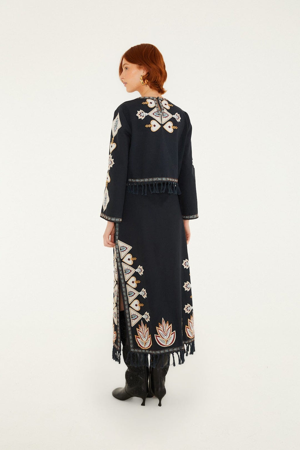 Embroidered Fringe Midi Skirt