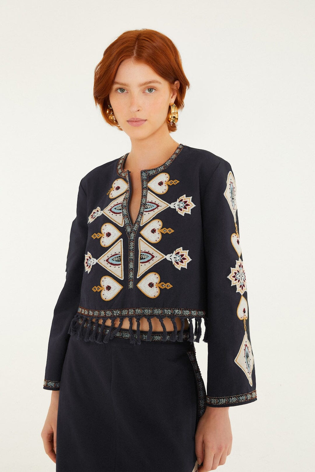 Embroidered Long Sleeve Fringe Crop Top