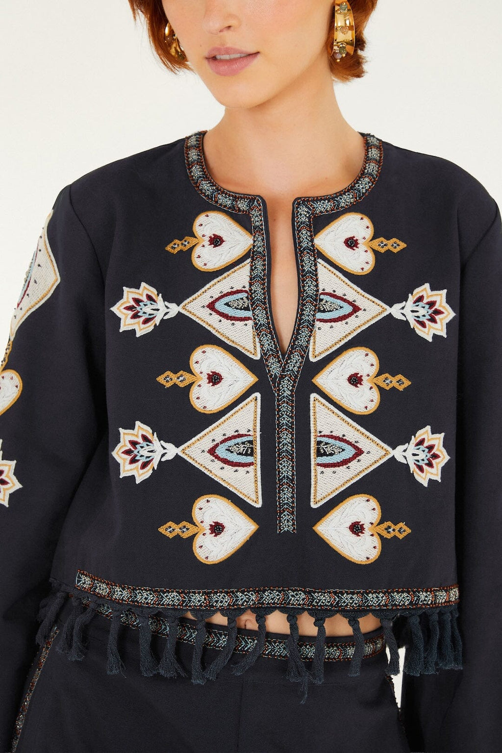 Embroidered Long Sleeve Fringe Crop Top