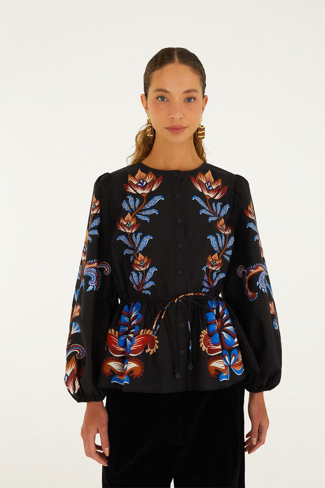 Energy Floral Drawstring Buttoned Blouse