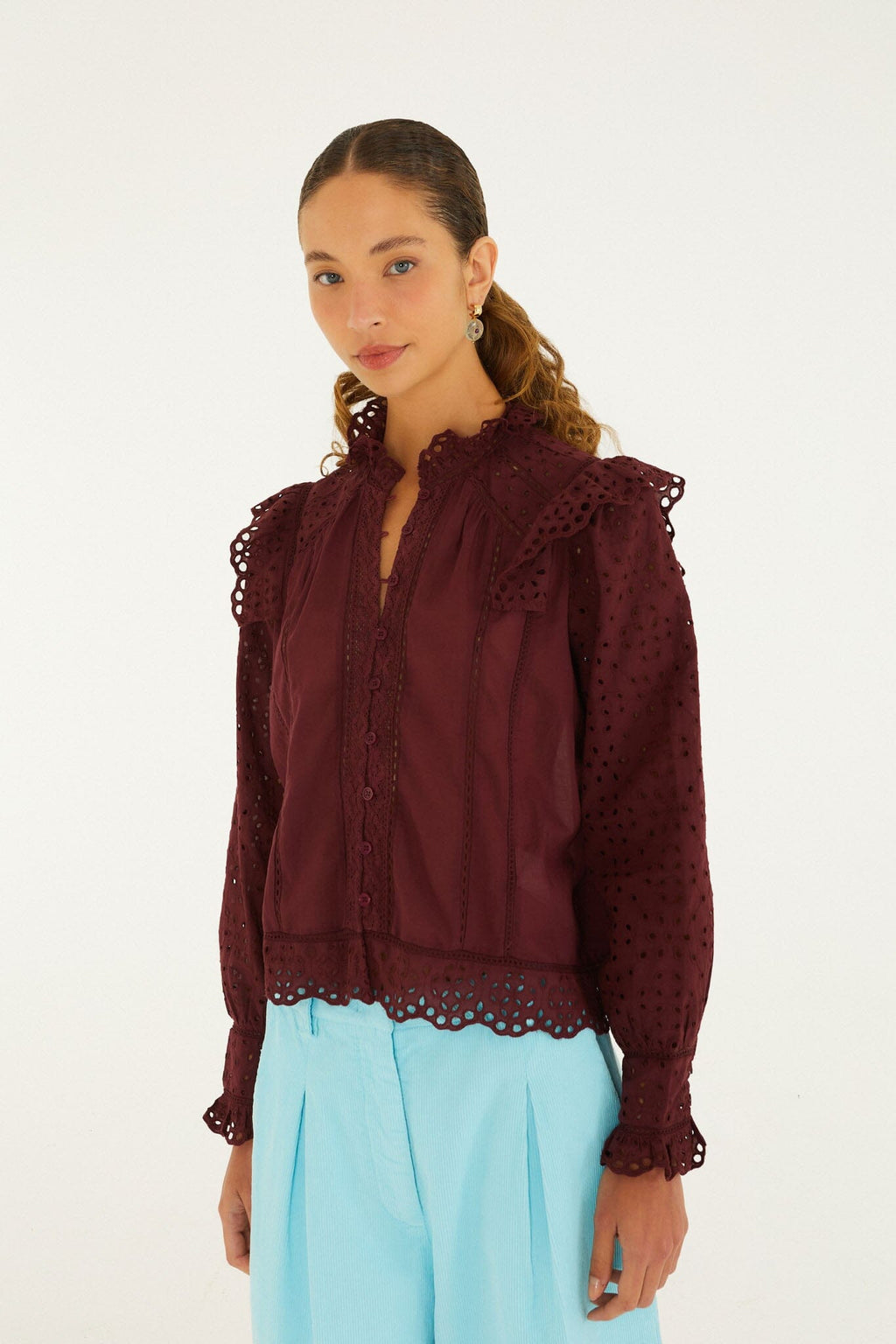 Eyelet Long Sleeve Ruffled Blouse