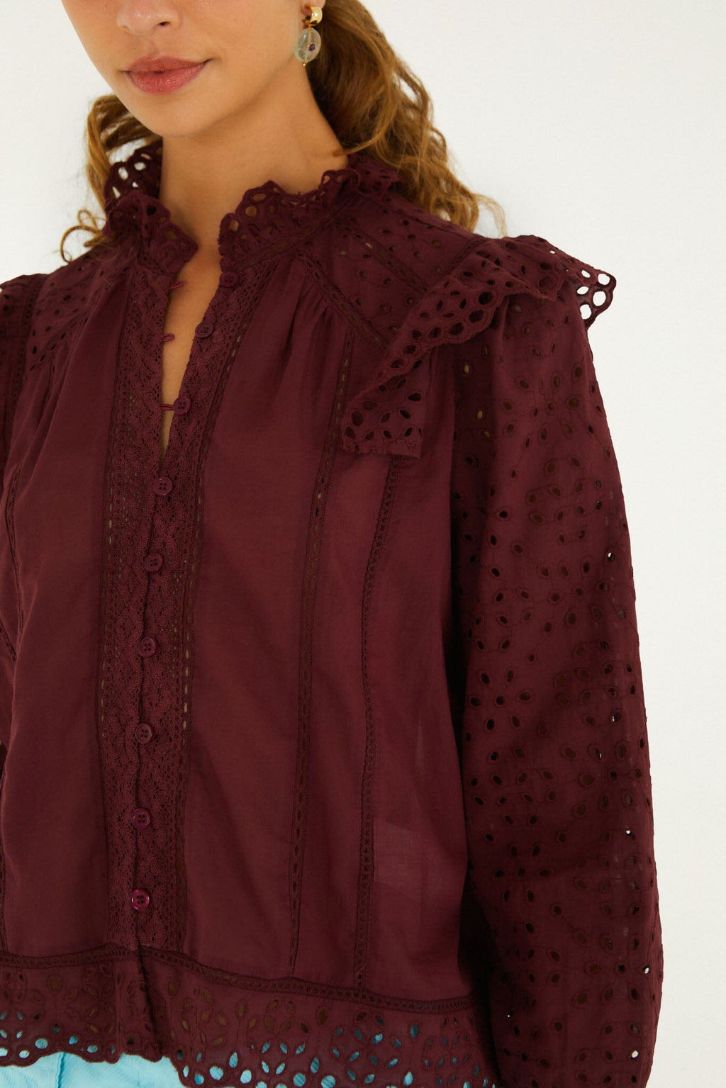 Eyelet Long Sleeve Ruffled Blouse