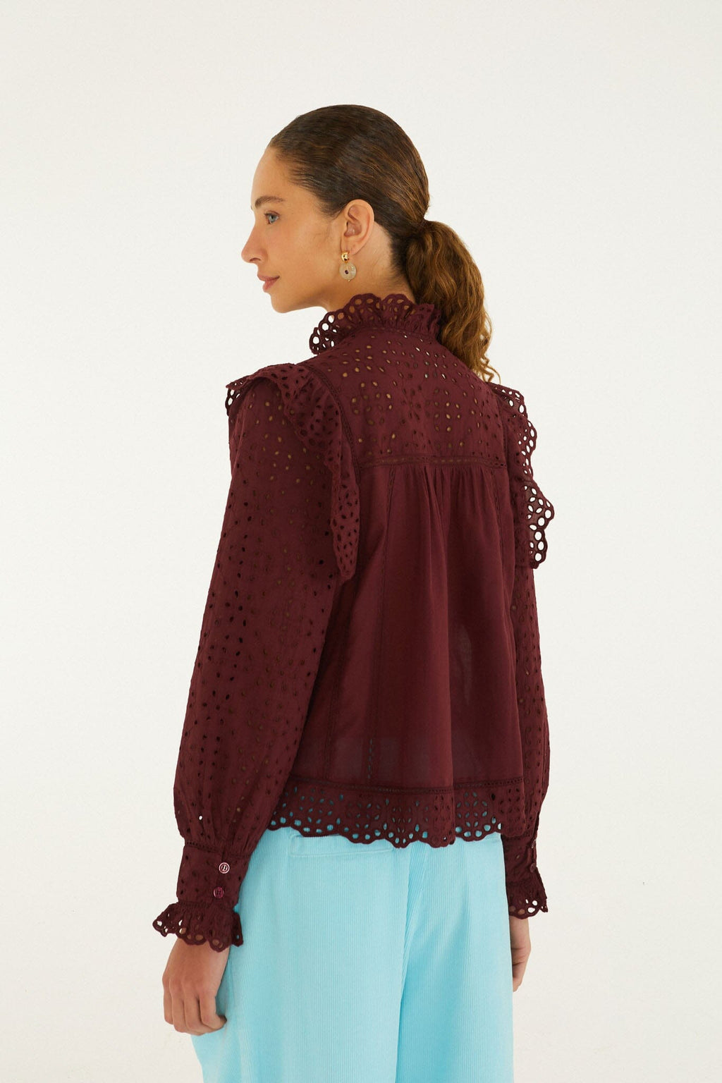 Eyelet Long Sleeve Ruffled Blouse