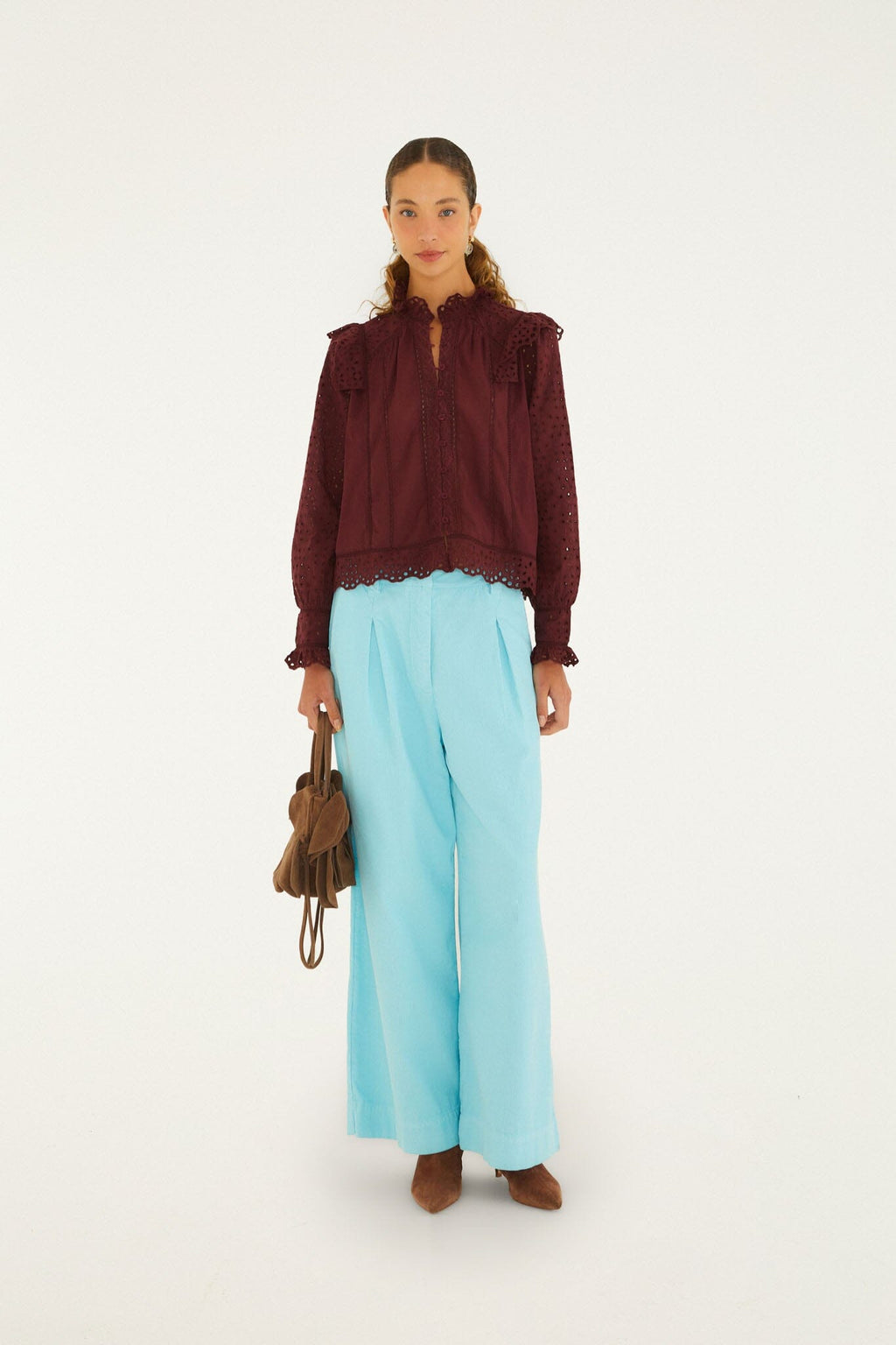 Eyelet Long Sleeve Ruffled Blouse